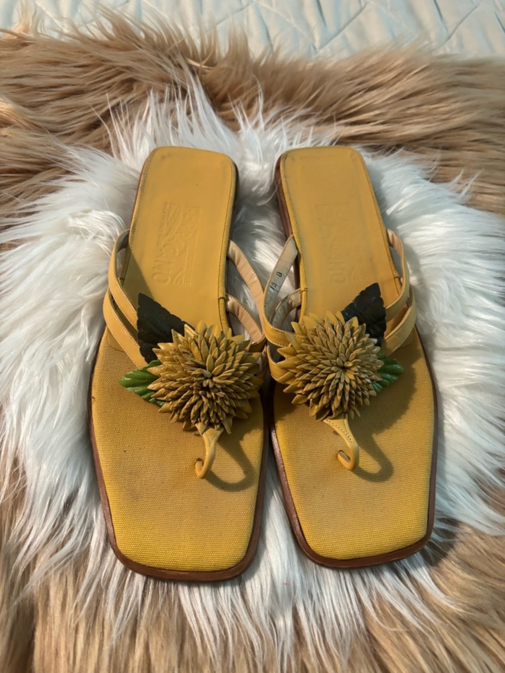 Salvatore Ferragamo Yellow Floral Toe-Post Sandals with Green Accents